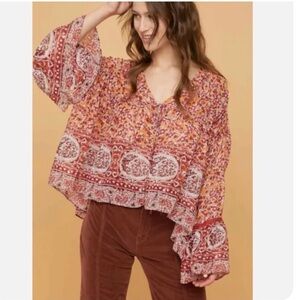 Free People Lorraine Printed Tie Front Kimono Top